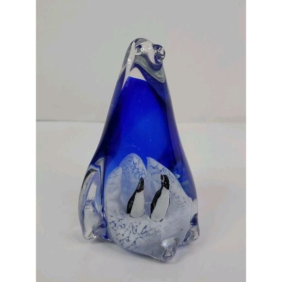 Art Glass Penguin with Two Penguins inside Cobalt Blue Tall Arctic Paperweight - Picture 5 of 7